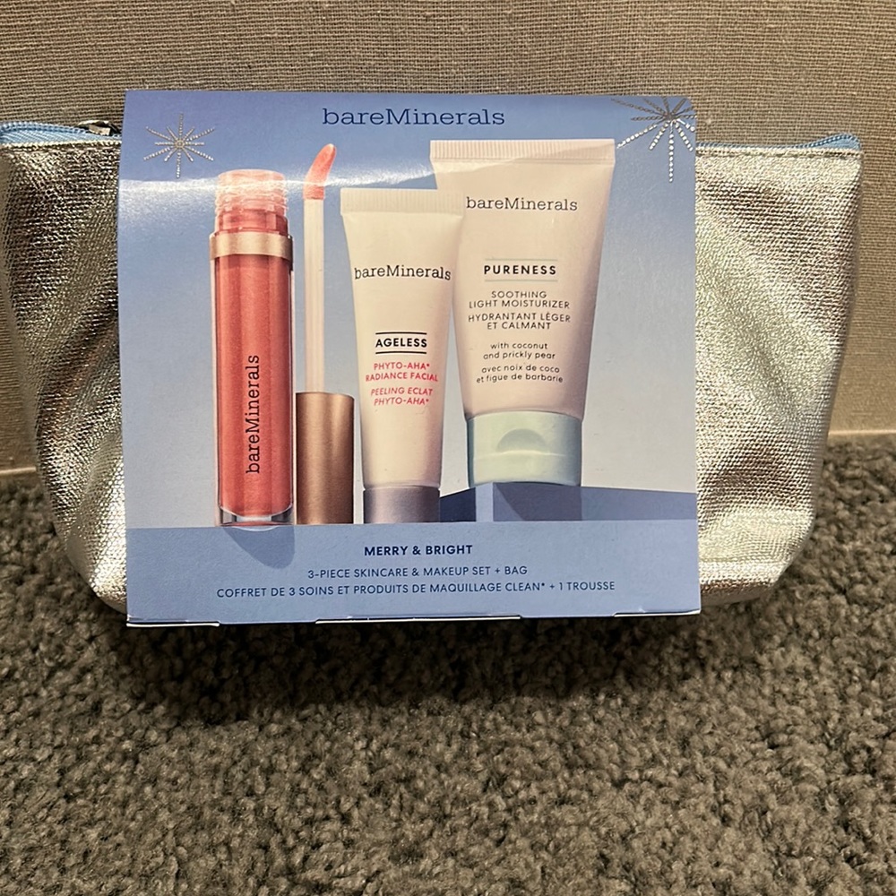 Bare Minerals Merry and Bright 3 piece Skincare,Makeup,and Bag Set, Brand New!!